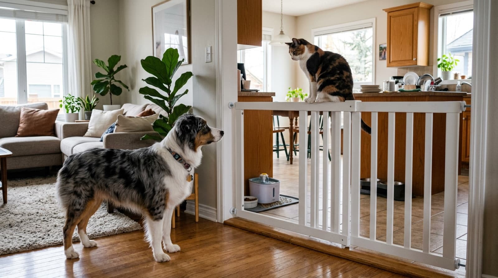 A baby gate separating an Australian Shepherd from a cat in a Calgary home, showing multi-pet infrastructure