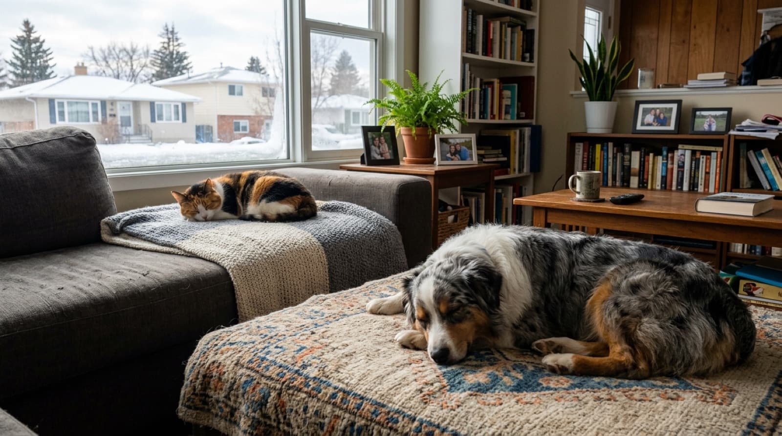 An Australian Shepherd and a cat coexisting calmly in a Calgary living room, both relaxed