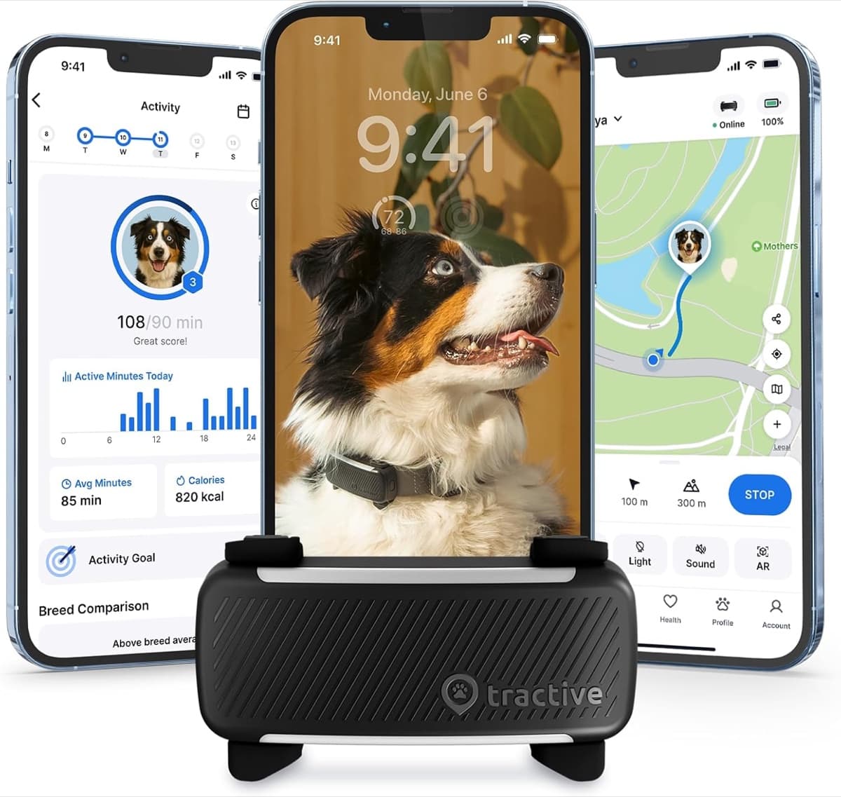 Tractive GPS tracker with the app showing live map tracking and activity monitoring