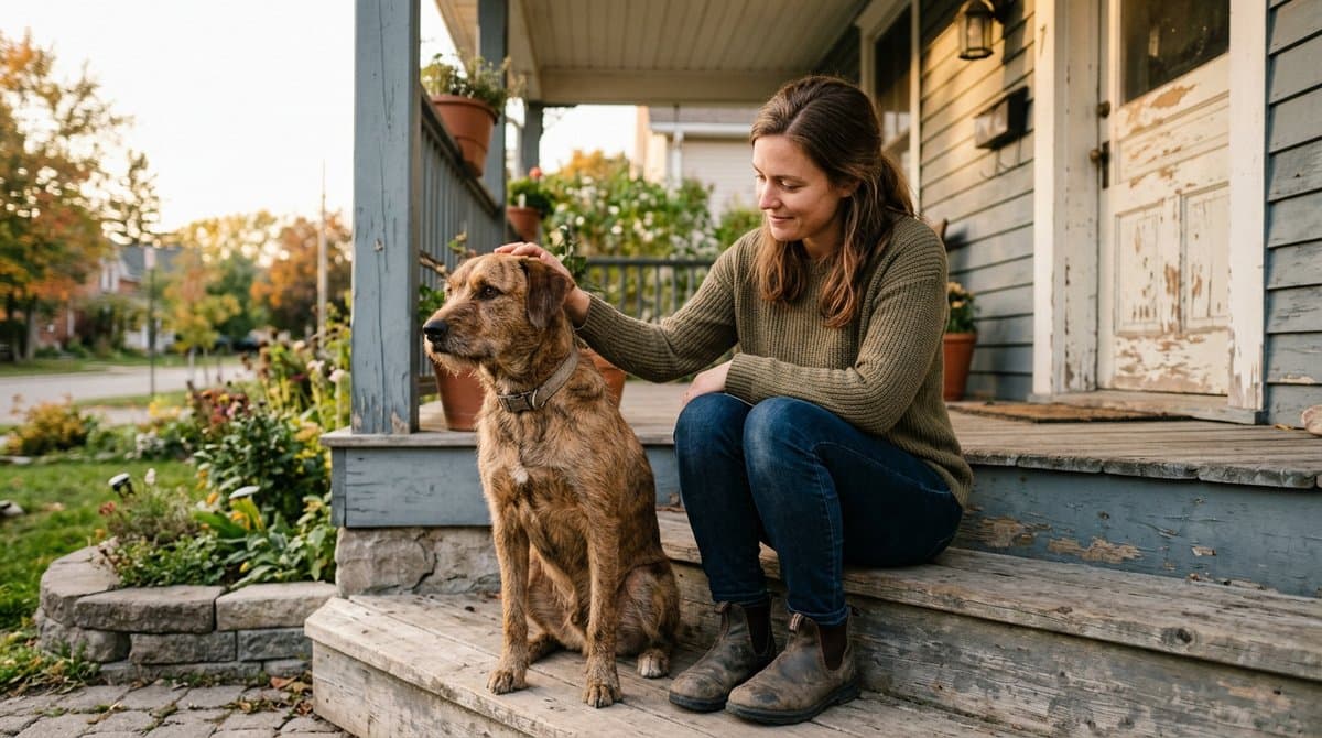 A person sitting on a porch with their adult rescue dog, warm afternoon light