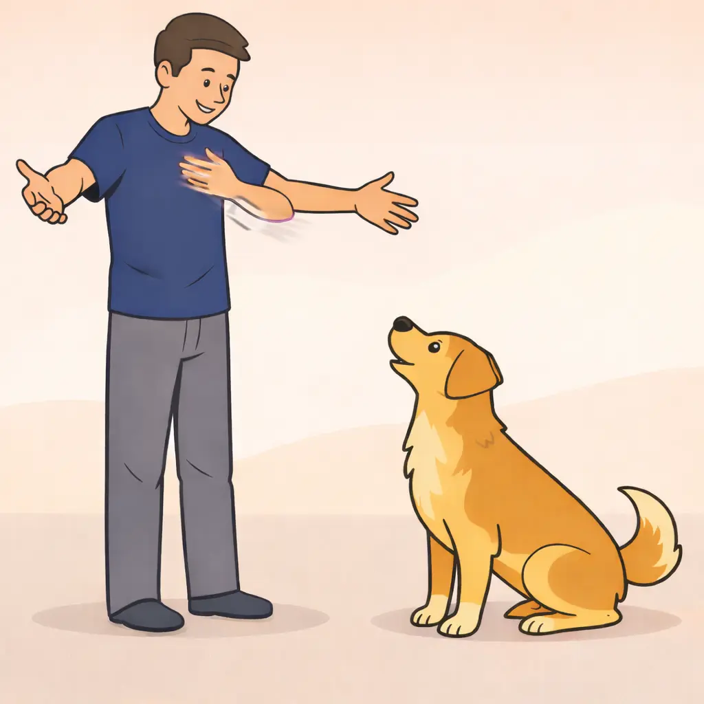 Person crouching with open arms showing come hand signal to dog