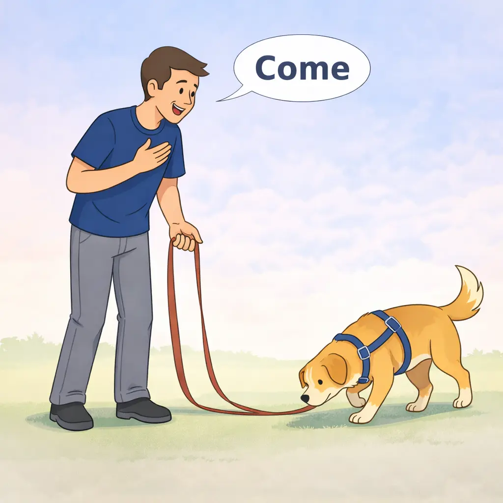 Person practicing recall with dog on a long training line outdoors