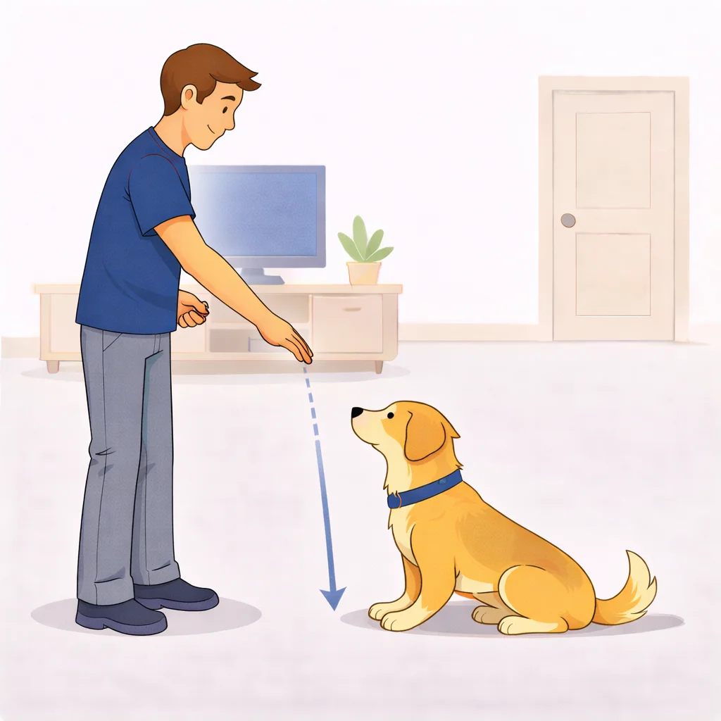 Person showing palm down hand signal moving from nose level to the floor for down command