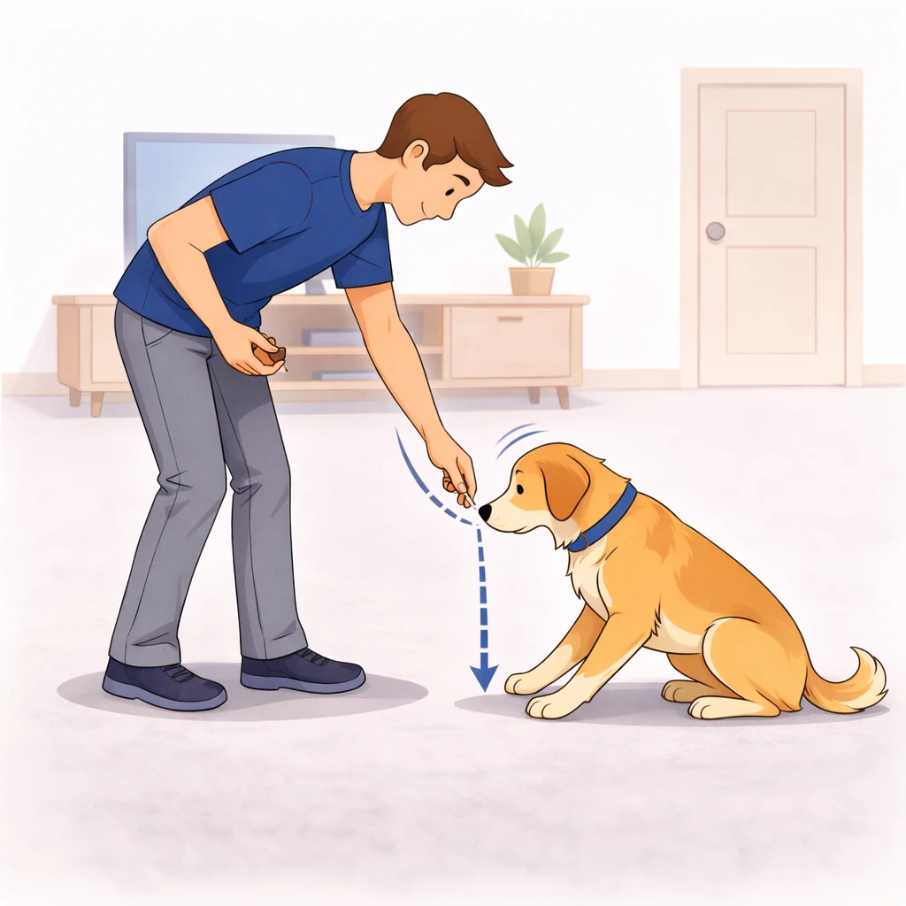 Person luring dog from sit position downward with treat moving from nose to floor between paws