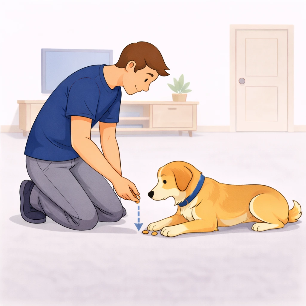 Person giving multiple treats between the paws of a dog lying in down position