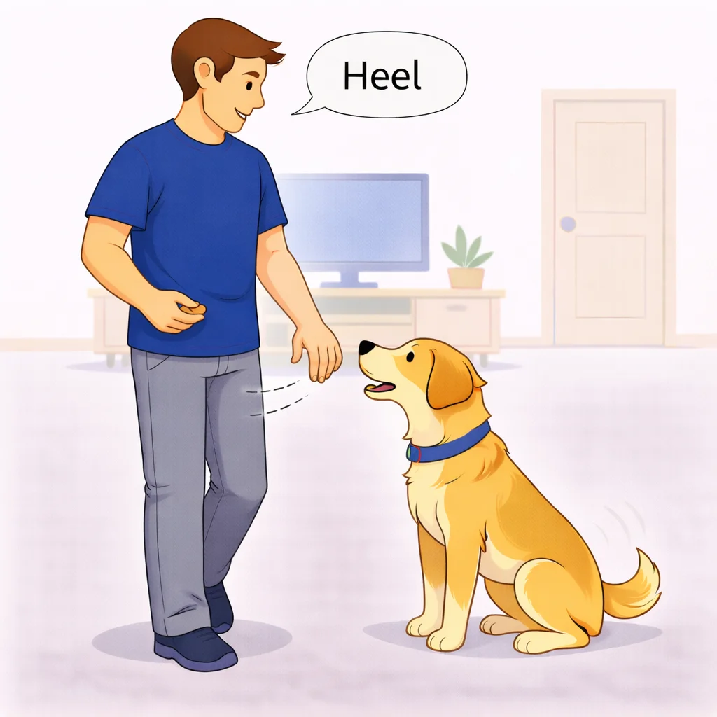 Person saying heel command while patting thigh and dog walks in position beside them
