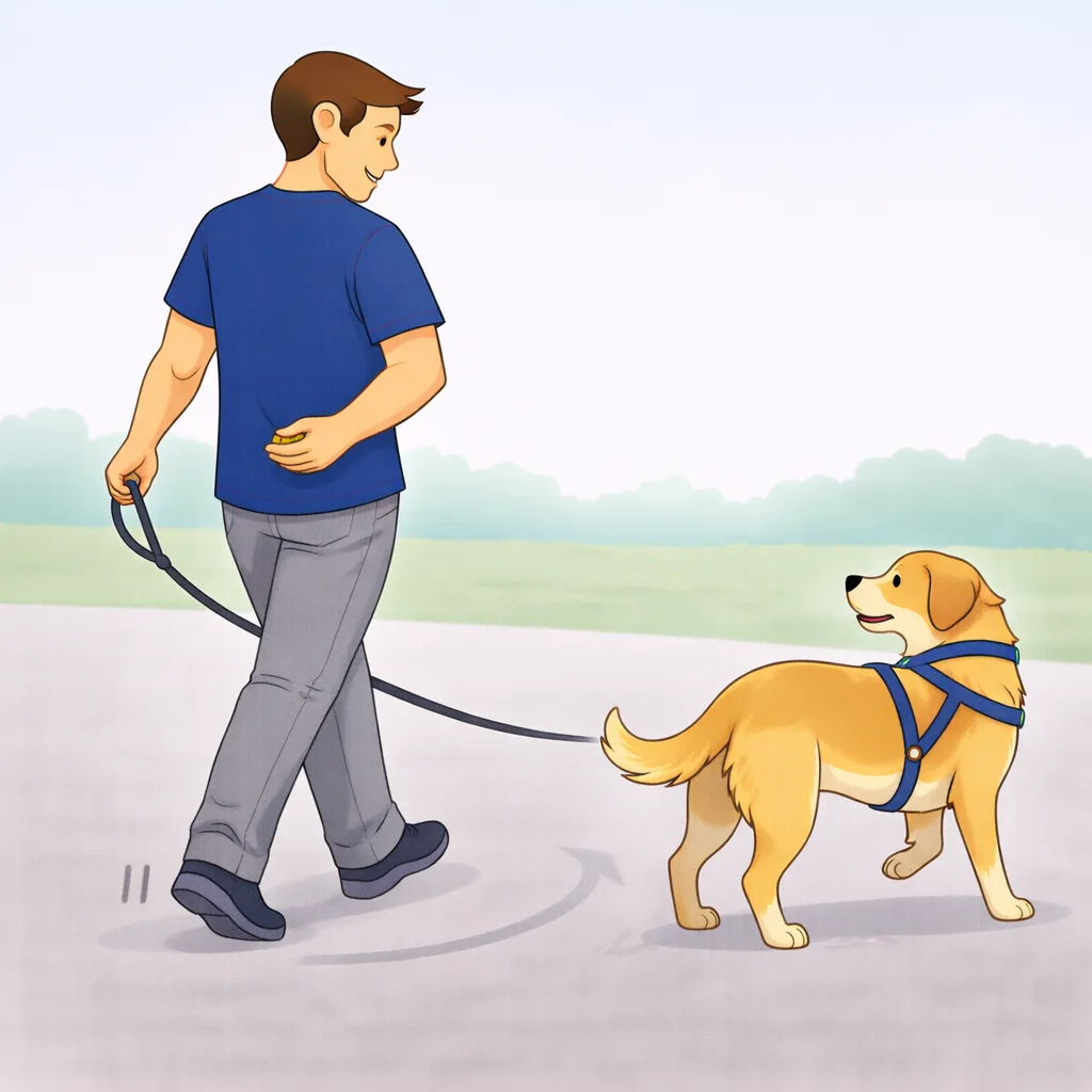 Person turning to walk opposite direction while dog catches up to heel position