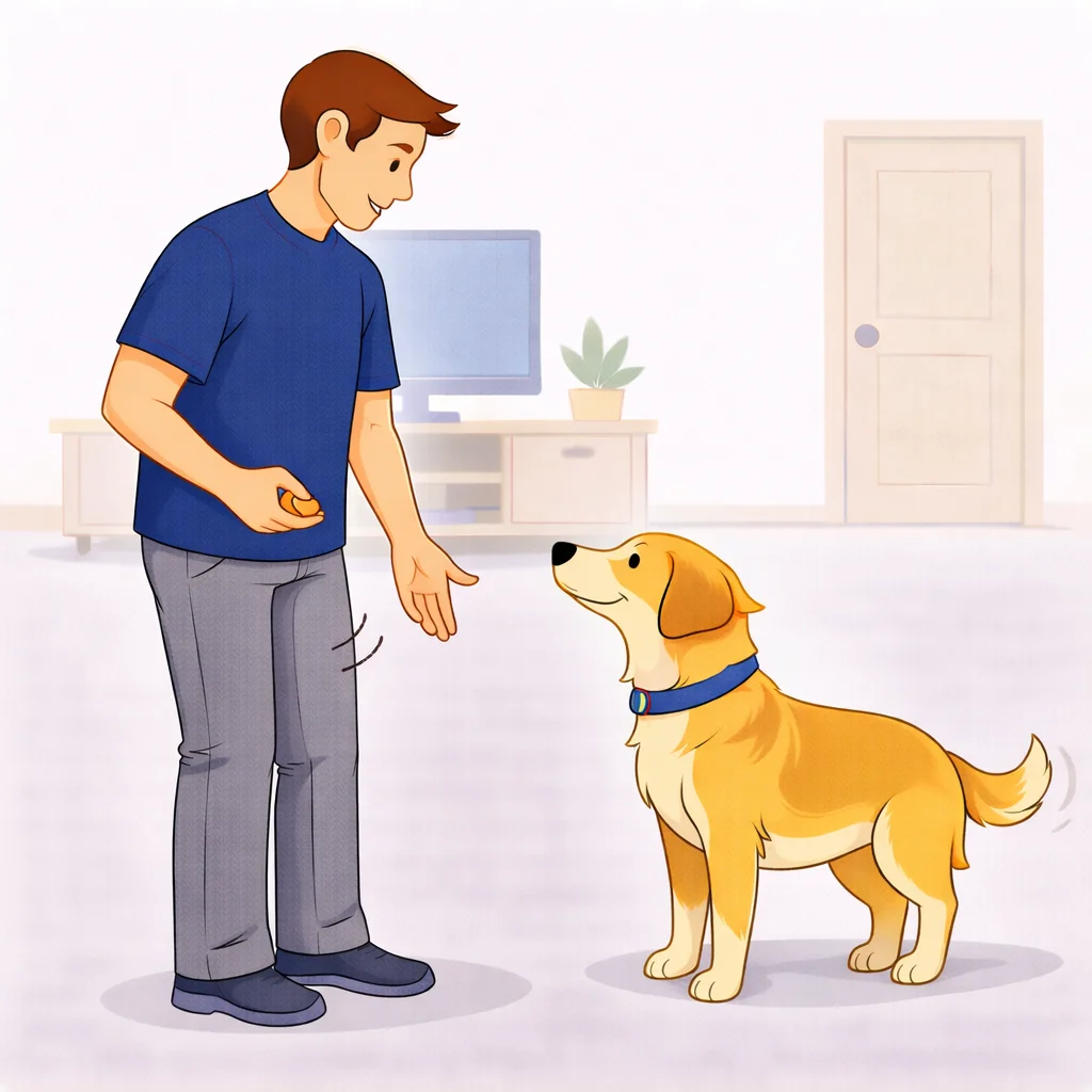 Person patting left thigh twice to signal heel command to dog