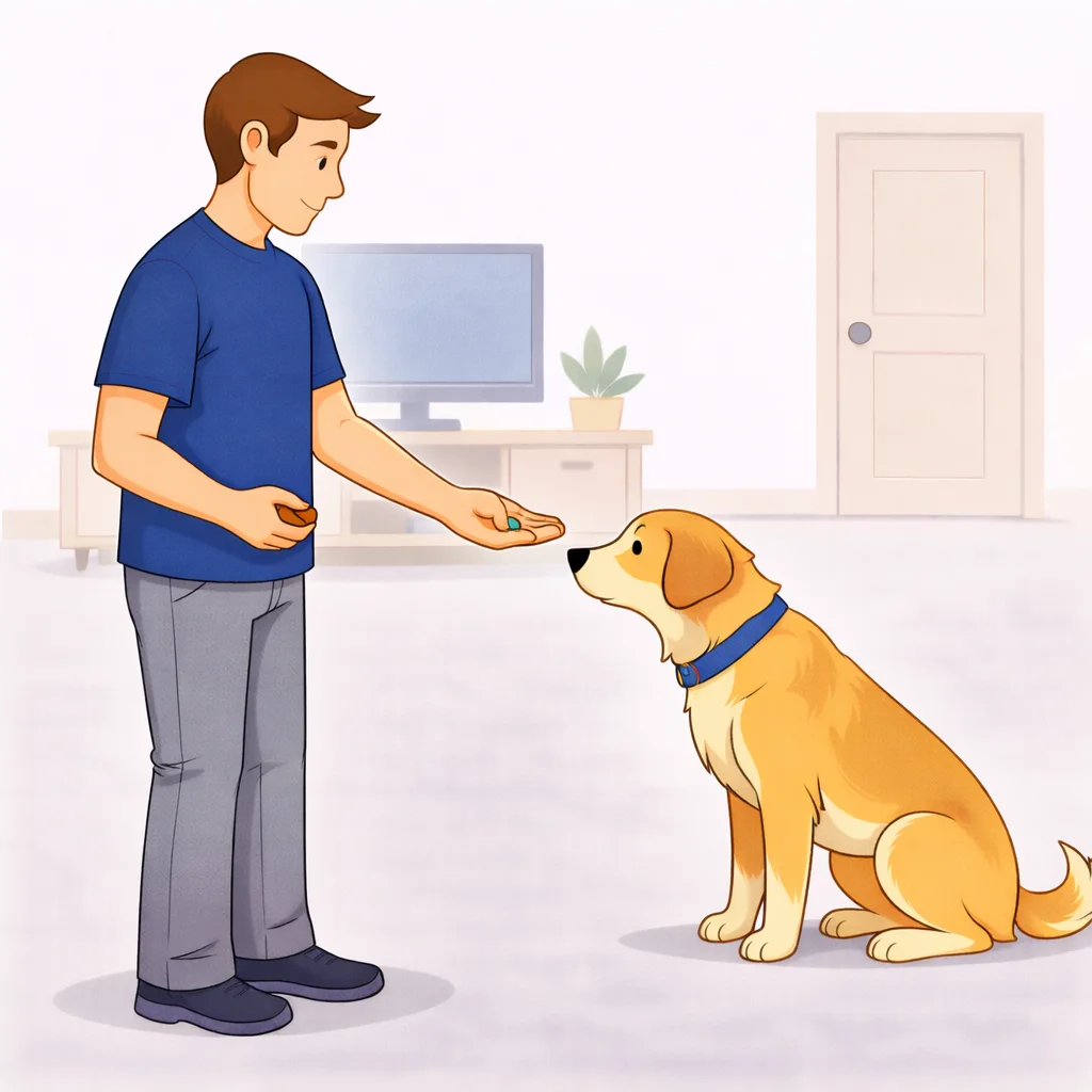 Person holding treat on open palm while dog hesitates and hand closes if dog goes for it