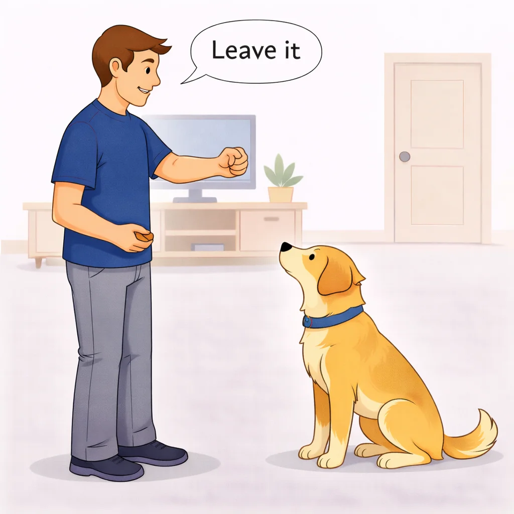 Person saying leave it while showing closed fist and dog looks away