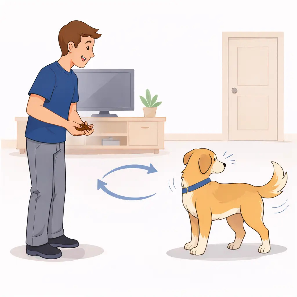 Person repeating name recognition exercise multiple times with dog looking back each time