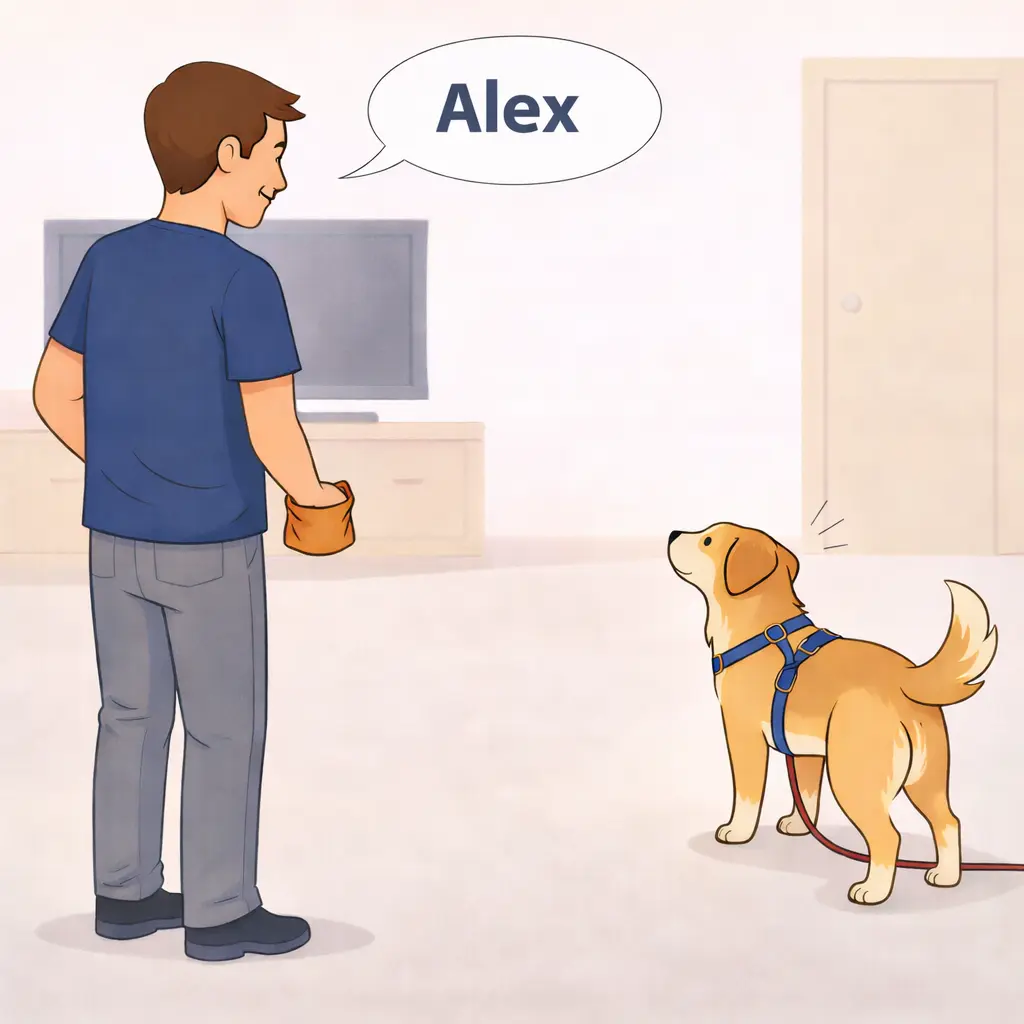 Person saying dog name while dog looks away distracted