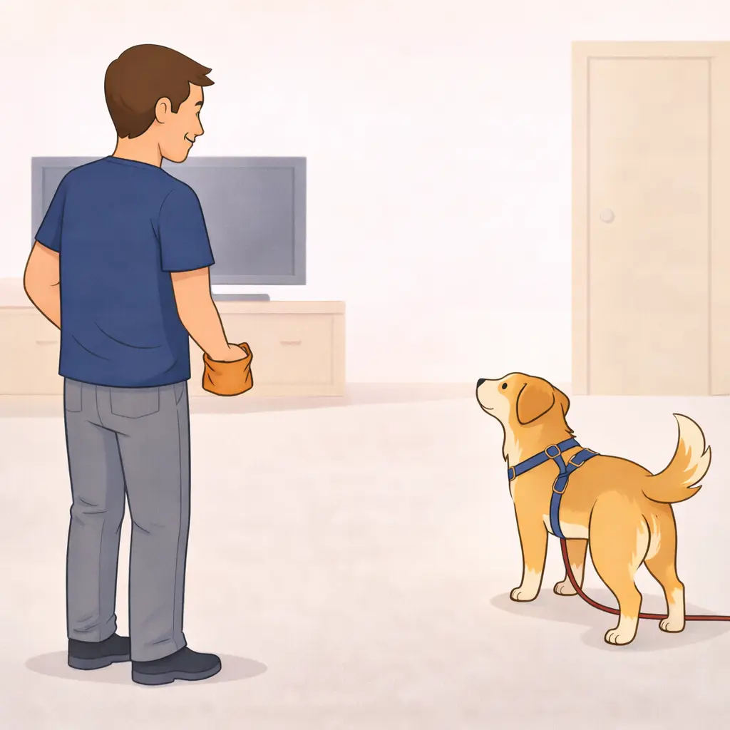 Person sitting in quiet room with treats ready and dog nearby for name recognition training