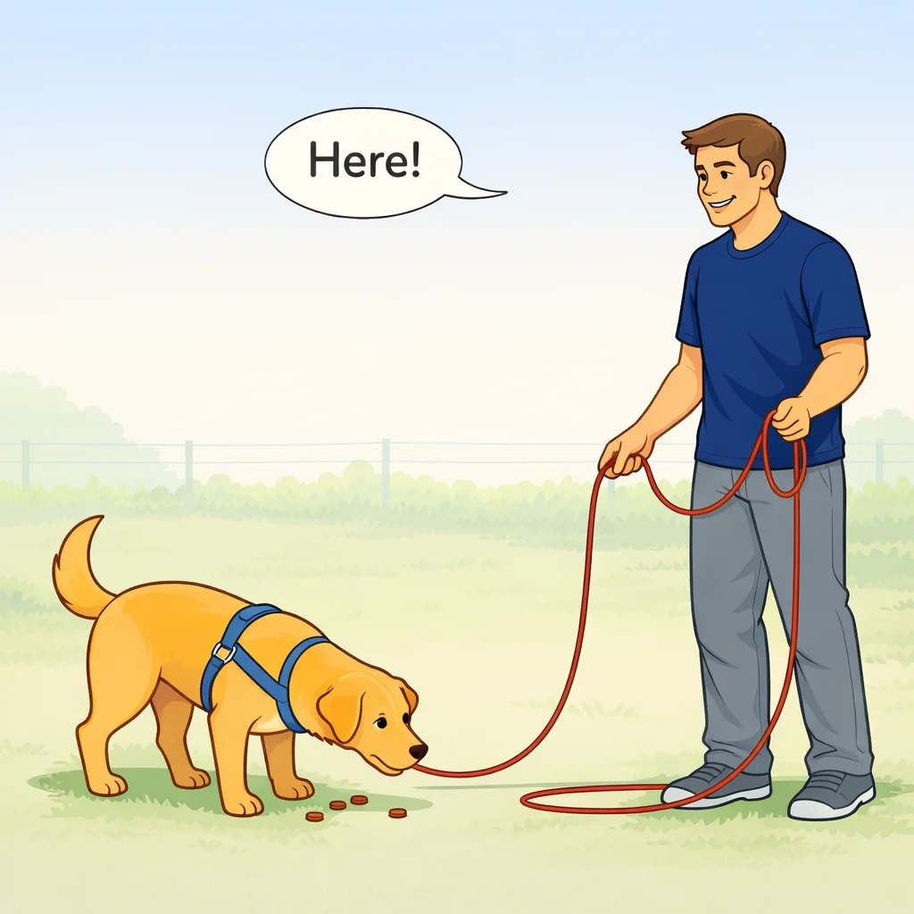 Dog on long training line in fenced area running back to person after recall command