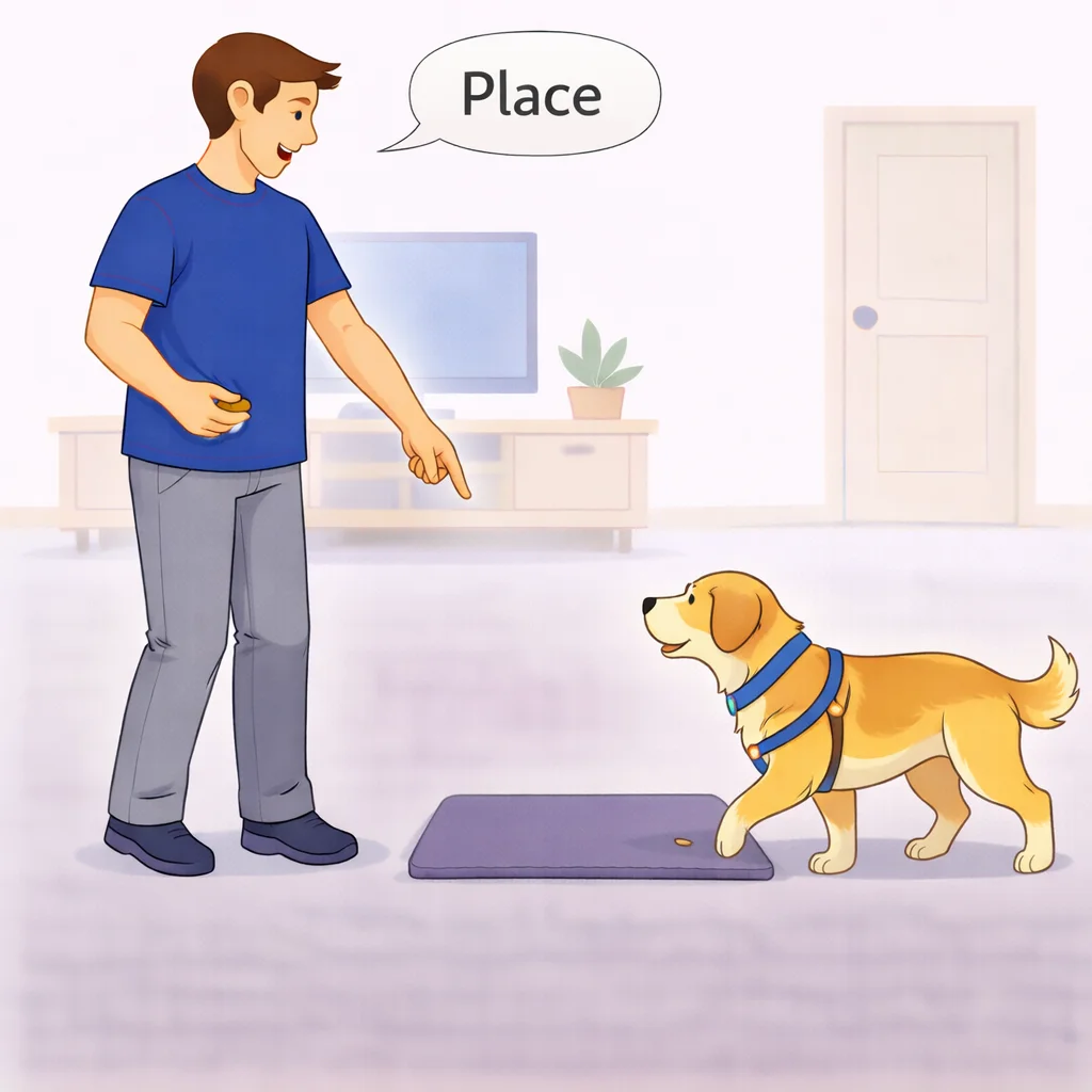 Person saying place and pointing to mat while dog walks over and lies down on it