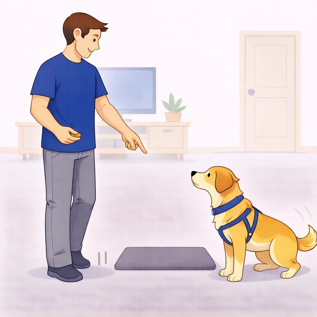 Person pointing with outstretched arm toward a dog mat for the place command