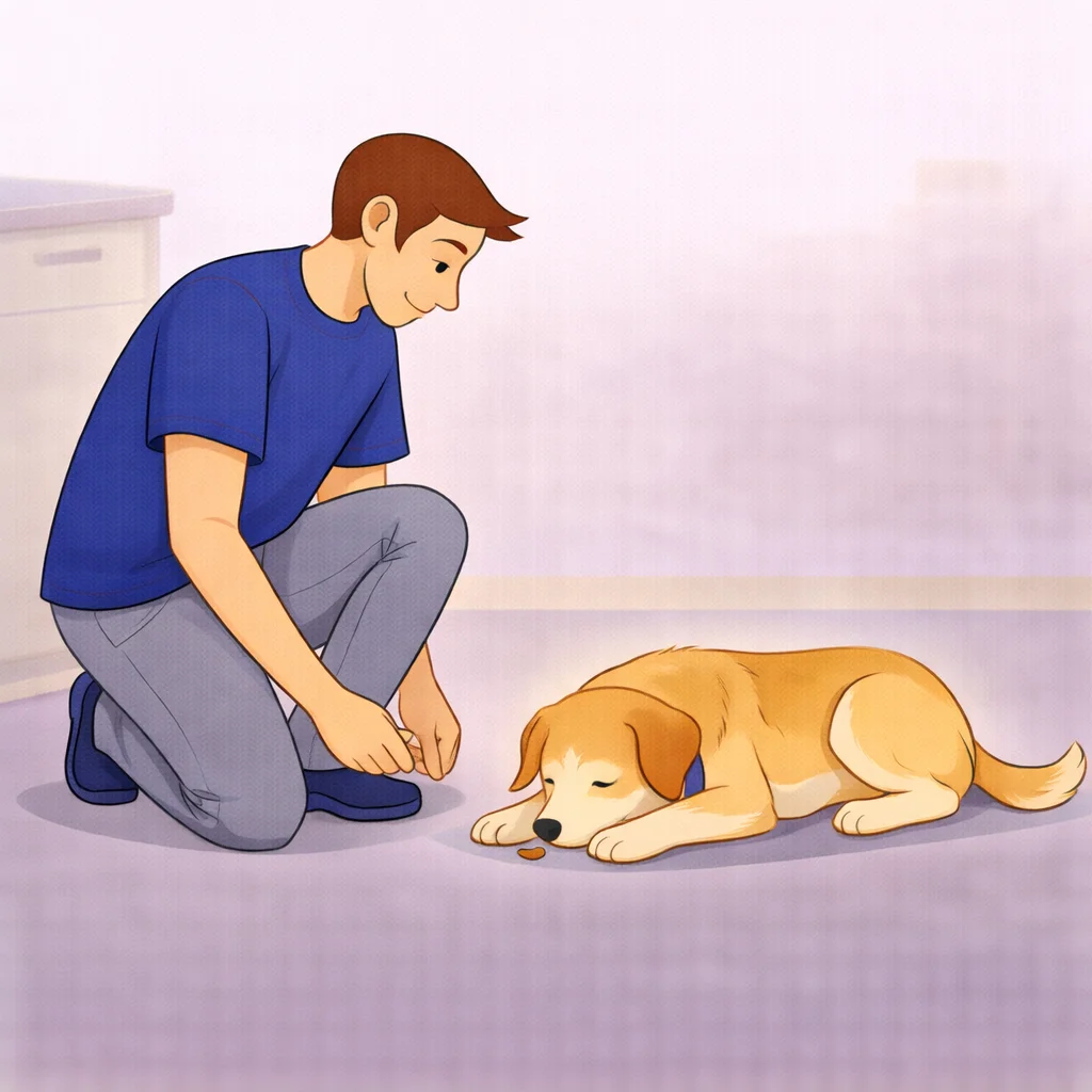 Person quietly placing a treat between the paws of a dog lying calmly on the floor