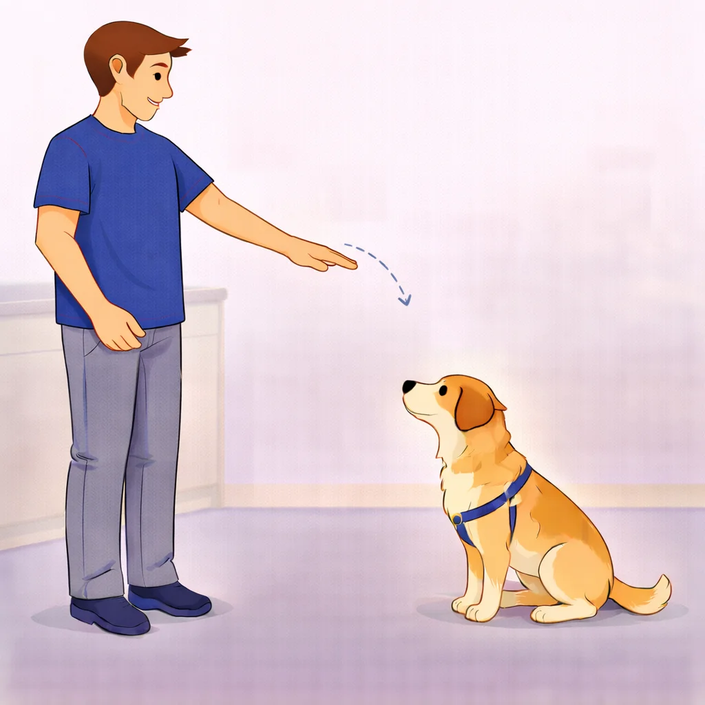 Person making slow downward palm motion to signal settle command to dog