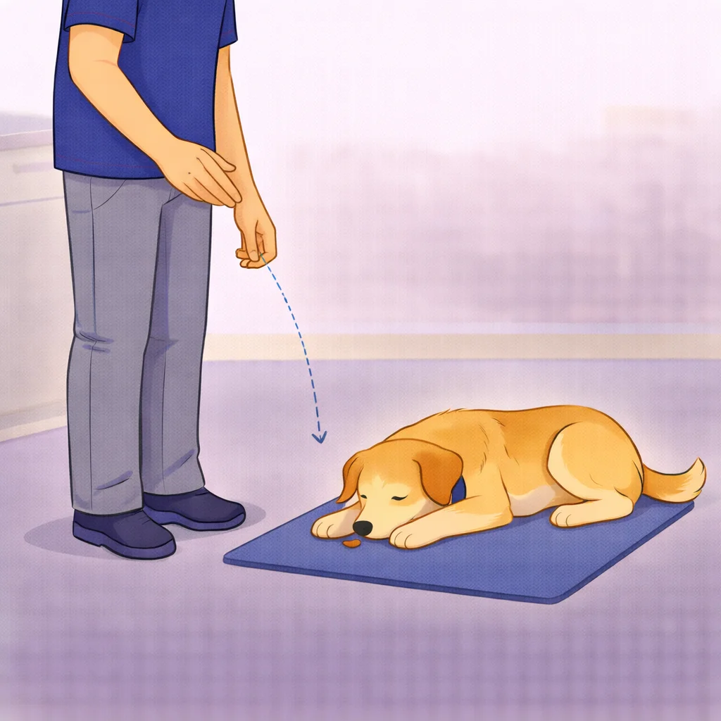 Dog lying relaxed on a mat in a calm zone with head down and body loose