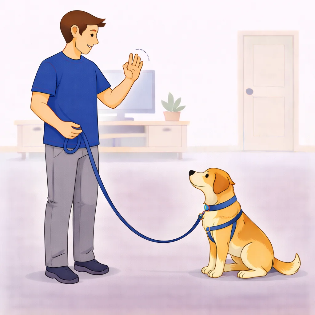 Person holding up one finger as the wait hand signal to dog