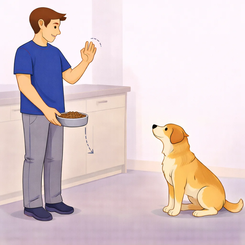 Dog sitting calmly while person lowers food bowl to the floor waiting for release word