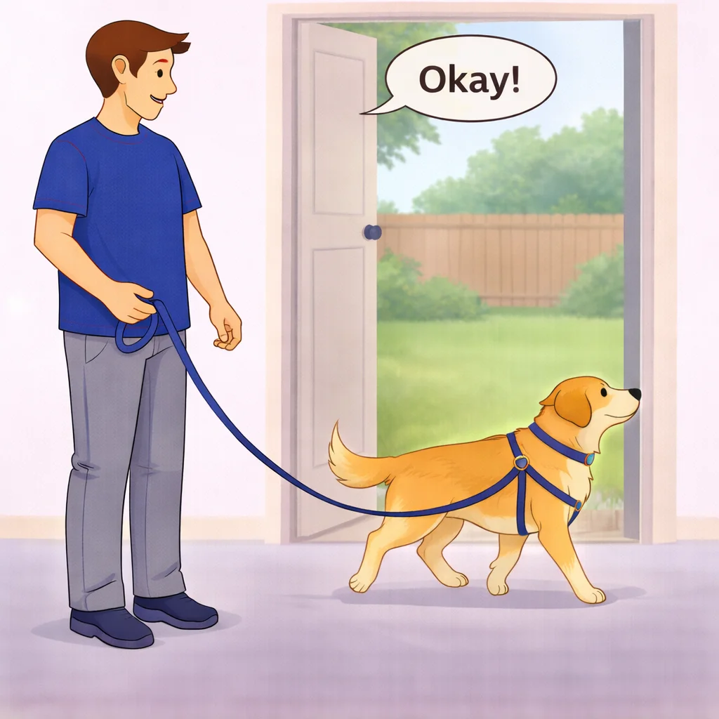 Person saying okay as release word while dog happily goes through the open door